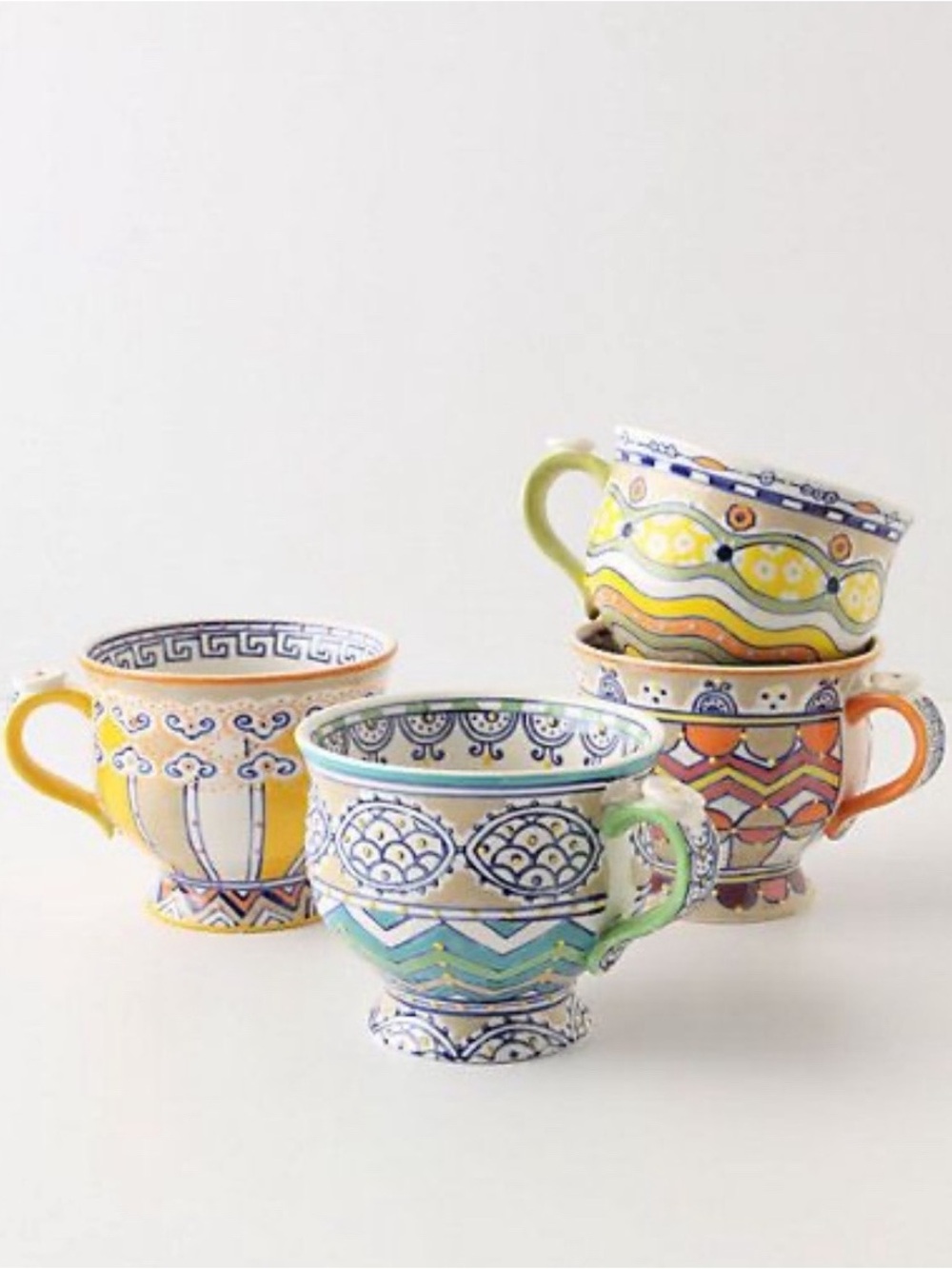 RARE Set Of 2 Anthropologie Loule Pedestal Coffee Mugs/Cups - Boho Embossed